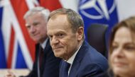 Polish Prime Minister Donald Tusk looks on prior trilateral talks with the NATO Secretary General and Britain's Prime Minister at the Warsaw Armoured Brigade in Warsaw, Poland, on April 23, 2024. (Photo by HENRY NICHOLLS / AFP)
