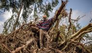 A man looks on while standing on top of a pile of debris in an area full of damaged trees and mud carried by water following flash floods and landslides in Mai Mahiu, on April 30, 2024. (Photo by LUIS TATO / AFP)
