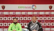 Al Markhiya coach Madjid Bougherra  (right)and player Driss Fettouhi during a press conference ahead of their play-off against Al Shahania.