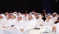 Minister of Transport H E Jassim bin Saif Ahmed Al Sulaiti (centre), Minister of Environment and Climate Change H E Dr. Abdullah bin Abdulaziz bin Turki Al Subaie (left), NCSA President Eng. Abdul Rahman Ali Muhammad Al Farahid Al Maliki, and others attend the awards ceremony in Doha yesterday.