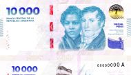 This handout picture released by the Central Bank of Argentina shows the new 10,000 pesos banknote in Buenos Aires on May 7, 2024. (Photo by Handout / Central Bank of Argentina / AFP)
