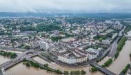 An aerial view taken on May 18, 2024, in Saarbruecken, western Germany, shows the city motorway A620 partially inundated along the Saar River after heavy rains caused flooding, swamping streets and buildings and sparking evacuations in south west Germany. (Photo by Laszlo Pinter / DPA / AFP) 
