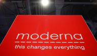 The Moderna, Inc. logo is displayed during the Consumer Electronics Show (CES) in Las Vegas, Nevada, on January 5, 2023. Photo by Patrick T. Fallon / AFP