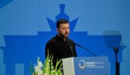 Ukrainian President Volodymyr Zelensky gives a speech to open the Ukraine Recovery Conference in Berlin on June 11, 2024. Photo by JOHN MACDOUGALL / AFP