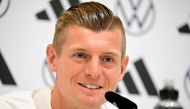 Germany's midfielder #8 Toni Kroos attends a press conference at the team's training camp in Herzogenaurach on June 11, 2024, ahead of the UEFA EURO 2024 football competition. (Photo by Tobias SCHWARZ / AFP)