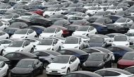 Tesla electric cars are stationed in a storage area in the Zeebrugge port, northern Belgium on June 21, 2024. Photo by JOHN THYS / AFP.