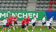 Romania's players attend an MD-1 training session at the FC Bayern Campus in Munich on July 1, 2024, on the eve of the UEFA Euro 2024 round of 16 football match against The Netherlands. (Photo by Miguel Medina / AFP)