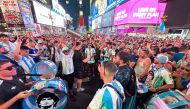 Argentina's supporters cheer as they gather at Times Square, New York City, on July 8, 2024. (Photo by Juan Mabromata / AFP)