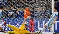 Argentina's forward #10 Lionel Messi (R) scores his team's second goal during the Conmebol 2024 Copa America tournament semi-final football match between Argentina and Canada at MetLife Stadium, in East Rutherford, New Jersey on July 9, 2024. (Photo by Eduardo Munoz / AFP)