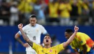 Colombia's midfielder Kevin Castano celebrates his team's victory in the Conmebol 2024 Copa America tournament on July 10, 2024. (Photo by Chandan Khanna / AFP)