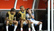Argentina's forward #10 Lionel Messi (R) reacts after leaving the pitch after picking up an injury during the Conmebol 2024 Copa America tournament final football match between Argentina and Colombia at the Hard Rock Stadium, in Miami, Florida on July 14, 2024. (Photo by CHARLY TRIBALLEAU / AFP)
