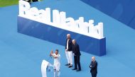 French forward Kylian Mbappe greets fans next to French former football player Zinedine Zidane (left), Real Madrid Honorary President Jose Martinez Pirri and Real Madrid’s President Florentino Perez (right) during his first appearance at the Santiago Bernabeu Stadium. AFP
