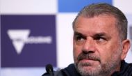 Tottenham Hotspurs' Head Coach Ange Postecoglou attends a press conference at AAMI Park in Melbourne on May 21, 2024, ahead of their friendly match against Newcastle United. (Photo by Martin KEEP / AFP)

