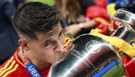 Alvaro Morata kissing the UEFA Euro 2024 trophy. File photo.