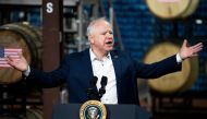(FILES) Minnesota Governor Tim Walz speaks about funding for the I-535 Blatnik Bridge before a visit by US President Joe Biden at Earth Rider Brewery on January 25, 2024 in Superior, Wisconsin. (Photo by Stephen Maturen / GETTY IMAGES NORTH AMERICA / AFP)

