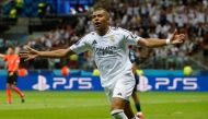 Real Madrid's French forward #09 Kylian Mbappe celebrates scoring during the UEFA Super Cup football match between Real Madrid and Atalanta BC in Warsaw, on August 14, 2024. (Photo by Wojtek Radwanski / AFP)