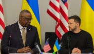 File photo: US Secretary Lloyd Austin (left) talks with President of Ukraine, Volodymyr Zelensky, during a Meeting of the Ukraine Defense Contact Group in Brussels, on October 11, 2023. (Photo by Olivier Matthys / Pool / AFP)