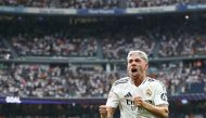 Real Madrid’s Federico Valverde celebrates after scoring the opening goal.