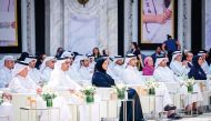 Minister of Labour H E Dr. Ali bin Smaikh Al Marri; Minister of Social Development and Family H E Maryam bint Ali bin Nasser Al Misnad; Minister of Justice and Minister of State for Cabinet Affairs H E Ibrahim bin Ali Al Mohannadi; and Minister of State for Foreign Affairs H E Sultan bin Saad Al Muraikhi during the honouring ceremony.