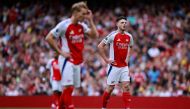 Arsenal's English midfielder #41 Declan Rice reacts during the English Premier League football match between Arsenal and Brighton and Hove Albion at the Emirates Stadium in London on August 31, 2024. (Photo by BENJAMIN CREMEL / AFP)
