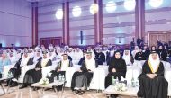 Minister of Labour H E Dr. Ali bin Smaikh Al Marri (third right) with Minister of Social Development and Family H E Maryam bint Ali bin Nasser Al Misnad (second right), Secretary General of the GCC H E Jasem Mohamed Al Budaiwi (fourth right) and other dignitaries from Qatar and GCC countries at the award ceremony in Doha.