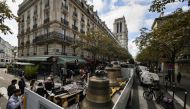 This photograph shows the arrival of the eight bells of the north belfry of Notre-Dame de Paris cathedral, central Paris on September 12, 2024. (Photo by Ed JONES / AFP)
 