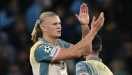 Manchester City's Norwegian striker #09 Erling Haaland applauds fans on the pitch after the UEFA Champions League, league phase football match between Manchester City and Inter Milan at the Etihad stadium, in Manchester, north-west England, on September 18, 2024 The game ended 0-0. Photo by Paul ELLIS / AFP.