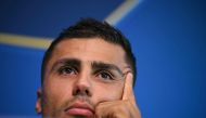 (FILES) Manchester City's Spanish midfielder #16 Rodri reacts during a press conference at the Manchester City's training ground, in Manchester, north-west England, on September 17, 2024, on the eve of their UEFA Champions League football match against Inter Milan. (Photo by Oli SCARFF / AFP)
