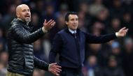 Manchester United's Dutch manager Erik ten Hag (L) and Aston Villa's Spanish head coach Unai Emery react during the English Premier League football match between Aston Villa and Manchester United at Villa Park in Birmingham, central England on October 6, 2024. (Photo by Adrian Dennis / AFP) 