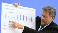German Minister of Economics and Climate Protection Robert Habeck uses a visual during a press conference on the government's updated growth forecast, in Berlin on October 9, 2024. (Photo by John MACDOUGALL / AFP)
