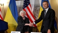 US Treasury Secretary Janet Yellen (left) and Ukrainian Minister of Finance Sergii Marchenko at the conclusion of a signing ceremony at the Treasury Department on October 23, 2024 in Washington, DC. ( Photo by Chip Somodevilla/Getty Images via AFP)