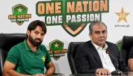Newly appointed white-ball skipper Mohammad Rizwan (L) and Pakistan Cricket Board chairman Mohsin Naqvi address a press conference in Lahore on October 27, 2024. Pakistan appointed Mohammad Rizwan on October 27, as skipper for the white-ball tours of Australia and Zimbabwe, replacing Babar Azam who stepped down this month. Photo by Arif ALI / AFP.
