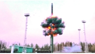 This grab from a handout footage released by the Russian Defence Ministry press service on October 29, 2024, shows the launch of a Yars intercontinental ballistic missile during drills of the strategic deterrence forces. (Photo by Handout / Russian Defence Ministry / AFP) 