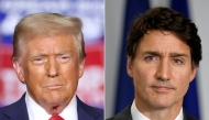File: This combination of pictures created on November 29, 2024 shows former US President and Republican presidential candidate Donald Trump during a campaign rally at PPG Paints Arena in Pittsburgh, Pennsylvania on November 4, 2024 and Canadian Prime Minister Justin Trudeau during a press conference with French President Emmanuel Macron in Montreal, Canada, on September 26, 2024. (Photo by Charly Triballeau and Ludovic Marin / AFP)

