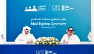 CEO of QFZ Sheikh Mohammed bin Hamad bin Faisal Al Thani and CEO of Jusour Eng Abdulhadi Bakhit Burqan signing the agreement.