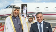 Minister of State for Interior Affairs H E Sheikh Abdulaziz bin Faisal bin Mohammed Al Thani (left) being received by Tunisian Minister of Interior H E Khaled Al Nouri upon arrival in Tunisia yesterday. 