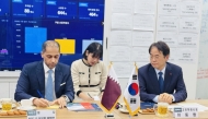 Qatar's Ambassador to South Korea H E Khalid Ebrahim Al Hamar (left) and Goyang Mayor Lee Dong-hwan discuss ways to enhance cooperation between Doha and Goyang at Goyang City Hall on Friday. PIC: Sanjay Kumar/The Korea Herald