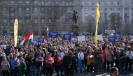 Hungarian doctors and other healthcare workers gather to protest against the health policy of Hungary's Prime Minister Orban's government in front of the Hungarian Parliament in Budapest on March 8, 2025. (Photo by Attila Kisbenedek / AFP)