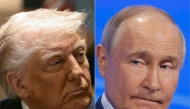 (COMBO) This combination of pictures created on March 30, 2025 shows US President Donald Trump at the White House on March 24, 2025, in Washington, DC and Russian President Vladimir Putin in Moscow on March 18, 2025. (Photo by Brendan SMIALOWSKI and Maxim Shemetov / AFP)
