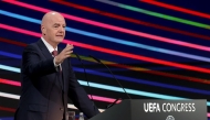 President of FIFA Gianni Infantino addresses the audience during the 49th UEFA ordinary Congress held at the “Sava Centar” congress center in Belgrade on April 3, 2025. (Photo by PREDRAG MILOSAVLJEVIC / AFP)