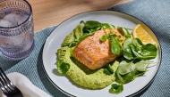 Roasted salmon with whipped feta and peas. (Photo by Tom McCorkle for The Washington Post/food styling by Gina Nistico for The Washington Post)

