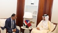 Minister of Transport H E Sheikh Mohammed bin Abdulla bin Mohammed Al-Thani meeting with Yemeni Minister of Transport Dr. Abdulsalam Saleh Humaid on the sidelines of the International Civil Aviation Organization (ICAO) Facilitation Conference (FALC 2025).