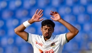 Bangladesh's Taijul Islam reacts during the first day of the second Test cricket match between Bangladesh and Zimbabwe at the Zahur Ahmed Chowdhury Stadium in Chittagong on April 28, 2025. (Photo by MUNIR UZ ZAMAN / AFP)