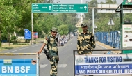 Indian Border Security Force (BSF) personnel stand guard near the India-Pakistan Wagah border post, about 35kms from Amritsar on May 3, 2025. (Photo by Narinder NANU / AFP)
