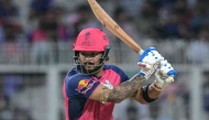 Rajasthan Royals’ captain Riyan Parag plays a shot.