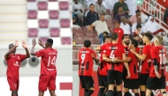Al Duhail's Michael Olunga (right) and Almoez Ali celebrate a goal against Al Sailiya yesterday. Right: Al Rayyan players celebrate during Round of 16 clash against Lusail. 