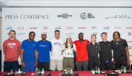 Qatar’s Mutaz Barshim (third left) poses for a picture with other athletes at the pre-event press conference yesterday. 