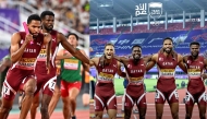 Collage: Qatar's Abderrahman Samba (left) and Ashraf Hussen Osman during the race yesterday; Qatar’s athletes celebrate.