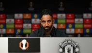 Manchester United's Portuguese head coach Ruben Amorim looks on during a press conference at Old Trafford in Manchester, north-west England on May 14, 2025 during a media day ahead of their UEFA Europa League final against Tottenham Hotspur. (Photo by Oli SCARFF / AFP)
