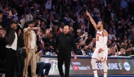 Jalen Brunson #11 of the New York Knicks celebrates a three-point basket against Boston Celtics at Madison Square Garden on May 16, 2025 in New York City. Al Bello/Getty Images/AFP
